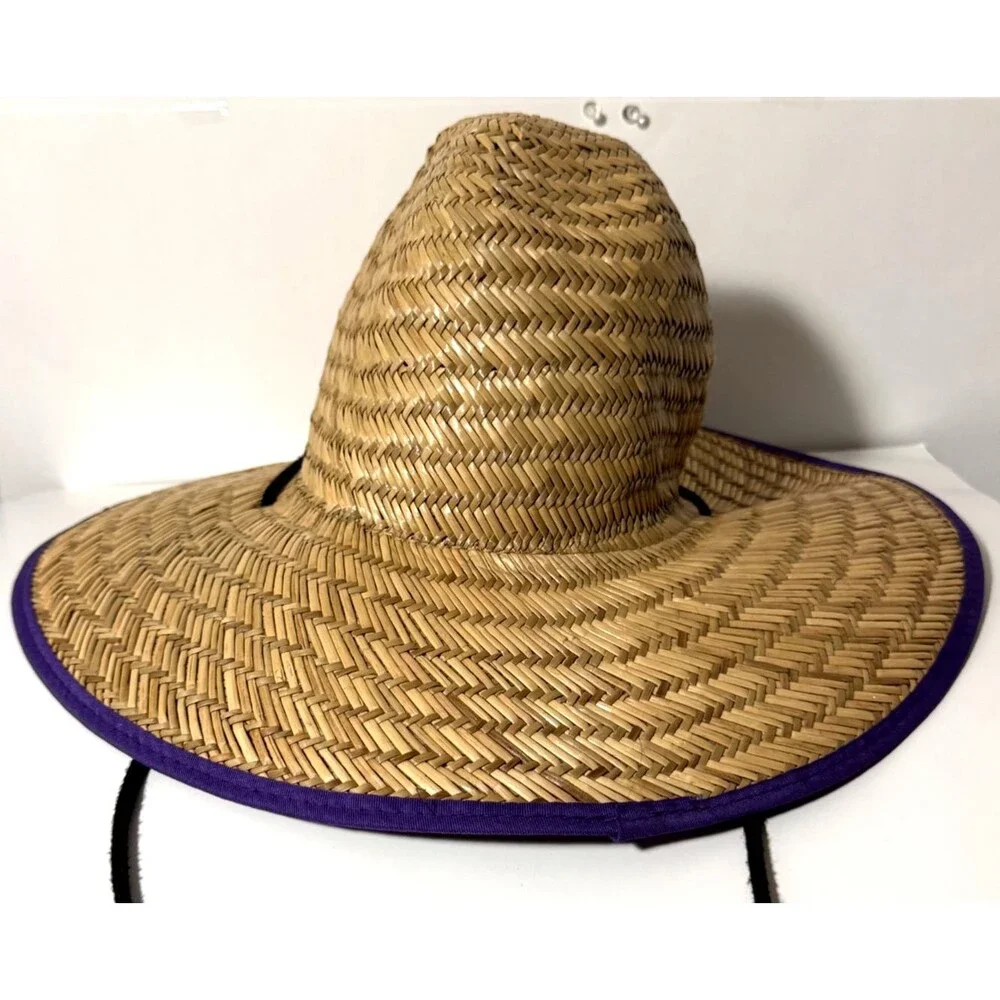 Straw Lifeguard Hat Wide Brim Beach Sun Hat Purple Trim Adjustable Strap (Women)